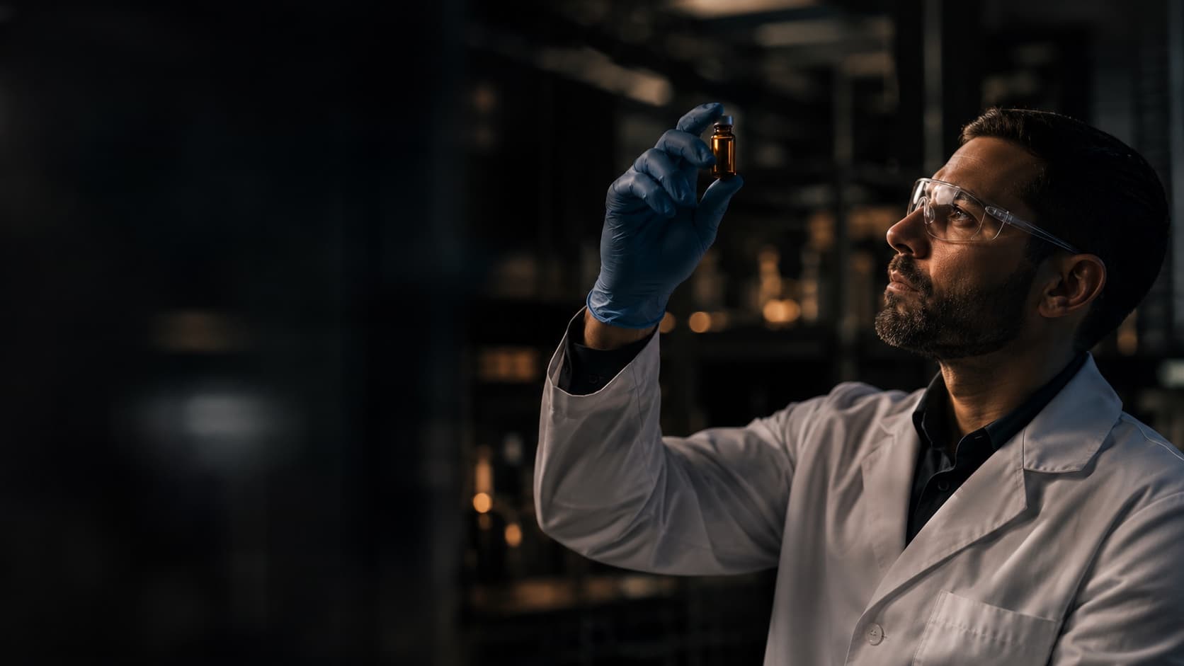 Researcher inspecting a research vial